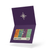 Purple gift card holder with a colorful gift card inside on a white background