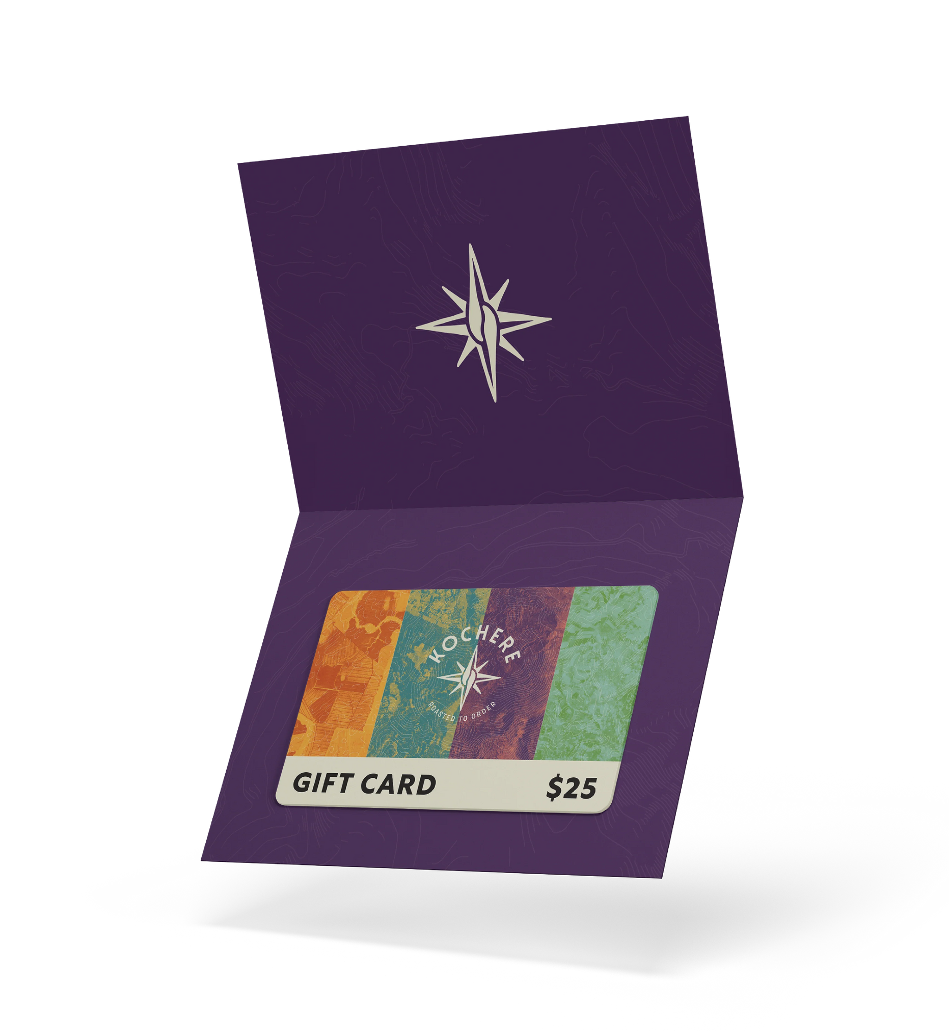 Purple gift card holder with a colorful gift card inside on a white background