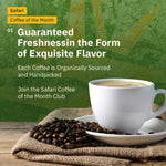 A white cup of coffee sits on a saucer beside coffee beans, with Kochere Coffee Company's Kochere Safari "Coffee of the Month" Club—Fresh Roasted Single Origin Subscription—promoted in the background.