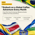 A promotional graphic for the Kochere Safari "Coffee of the Month" Club by Kochere Coffee Company features flags from various countries and highlights fresh roasted single origin coffees from South America, Asia, and Africa.