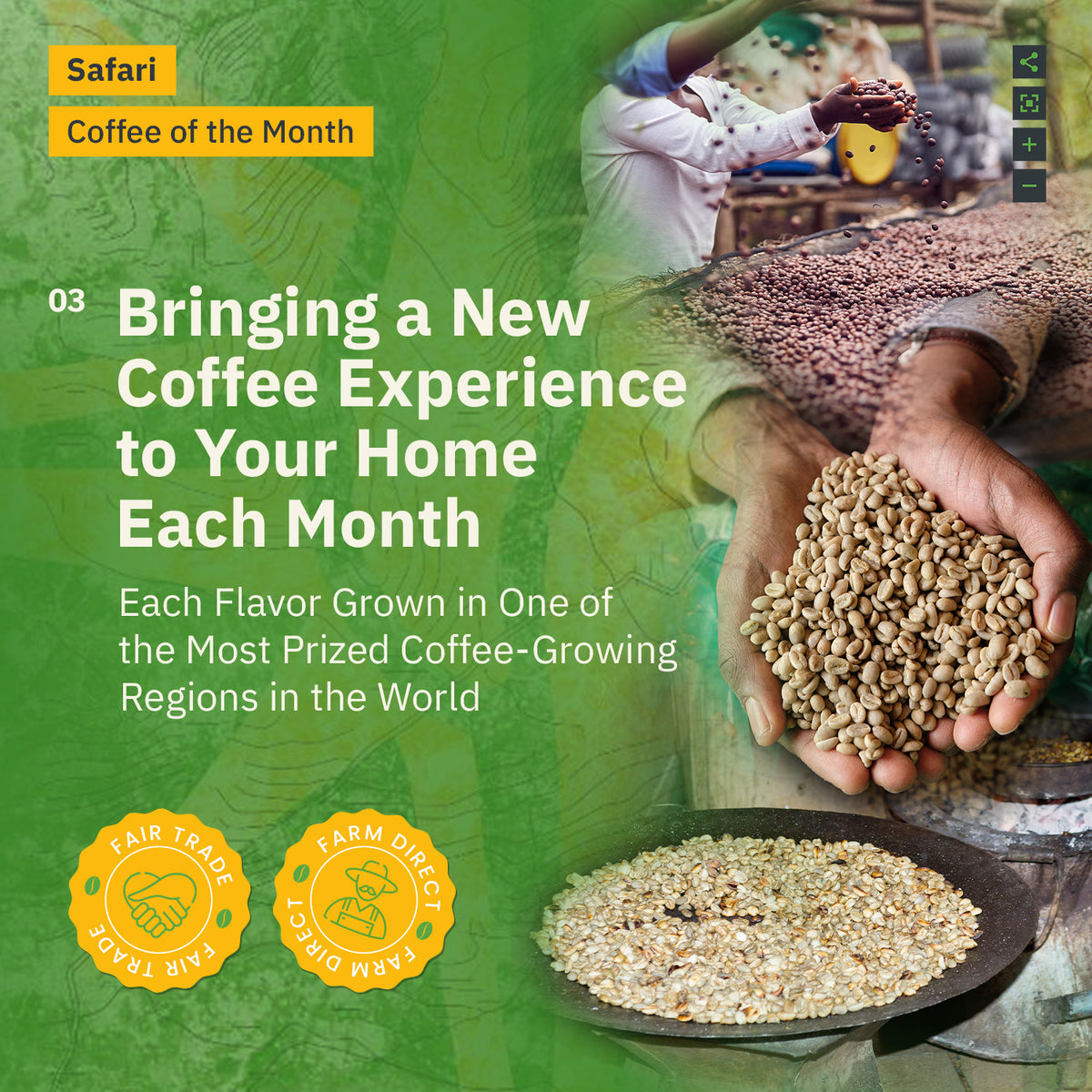 A promotional image for Kochere Coffee Company’s Safari "Coffee of the Month" Club shows green beans, coffee berries, and roasted beans, highlighting ethical sourcing and monthly single-origin coffees with a fresh roasted subscription.[all]