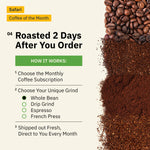 A split-view image shows whole beans and ground coffee with text highlighting the Kochere Coffee Company’s Kochere Safari "Coffee of the Month" Club—fresh roasted single-origin subscription with customizable grind and monthly delivery.