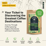 The Kochere Safari "Coffee of the Month" Club by Kochere Coffee Company offers fresh-roasted, ethically sourced single-origin coffee—marked with icons and a green circle—making it the ideal gift or unique subscription for coffee lovers.