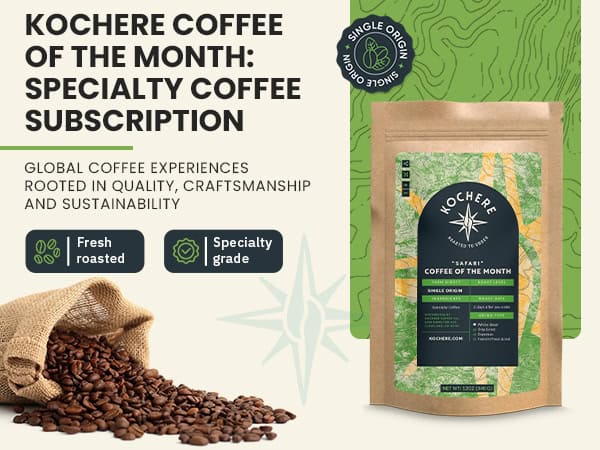Kochere Coffee of the Month subscription ad showing a coffee bag, loose coffee beans spilling from a burlap sack, and text highlighting specialty, single origin, and sustainability.