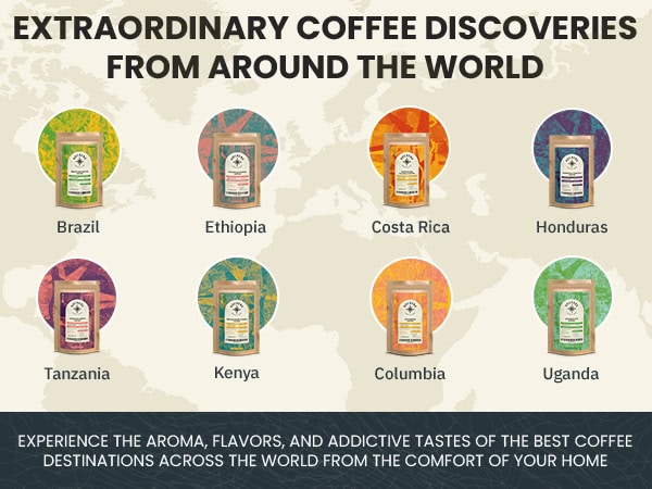 Seven coffee bags labeled with different countries—Brazil, Ethiopia, Honduras, Costa Rica, Tanzania, Kenya, and Uganda—are shown against a world map background.