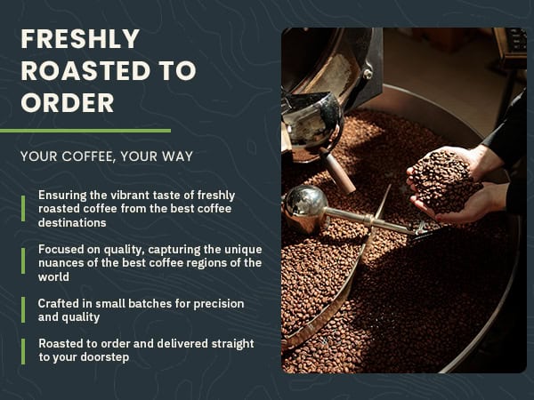 A person holds freshly roasted coffee beans scooped from a roasting machine; text highlights custom, small-batch coffee roasting with delivery and a focus on quality and origin.