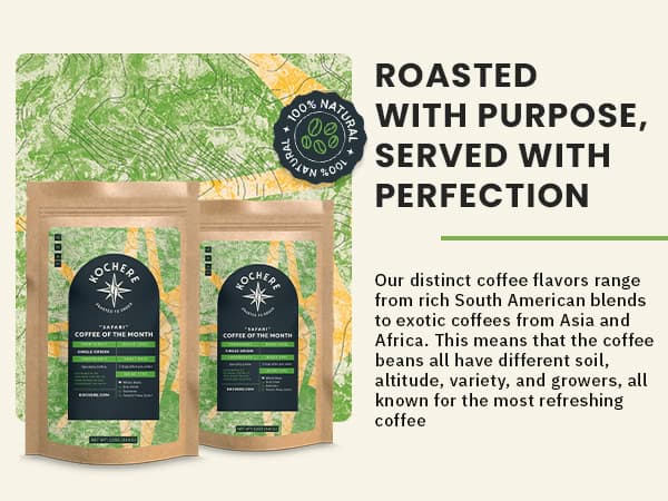 Two bags of Nocherro Coffee of the Month are displayed next to descriptive text highlighting their distinct coffee flavors from various regions, with a "100% natural" badge above them.