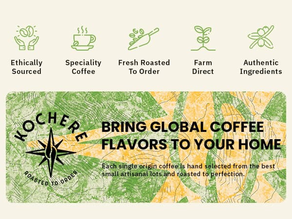 Banner promoting ethically sourced, specialty coffee freshly roasted to order, farm direct, with authentic ingredients. Text: "Bring global coffee flavors to your home.