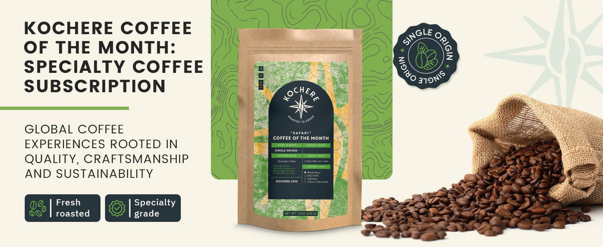 Kochere Coffee of the Month subscription ad showing a coffee bag, loose coffee beans spilling from a burlap sack, and text highlighting specialty, single origin, and sustainability.