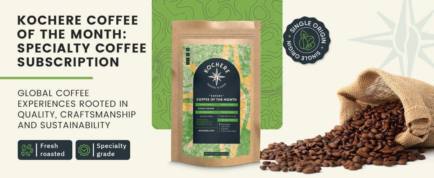 Kochere Coffee of the Month subscription ad showing a coffee bag, loose coffee beans spilling from a burlap sack, and text highlighting specialty, single origin, and sustainability.