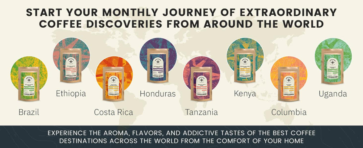 Seven coffee bags labeled with different countries—Brazil, Ethiopia, Honduras, Costa Rica, Tanzania, Kenya, and Uganda—are shown against a world map background.