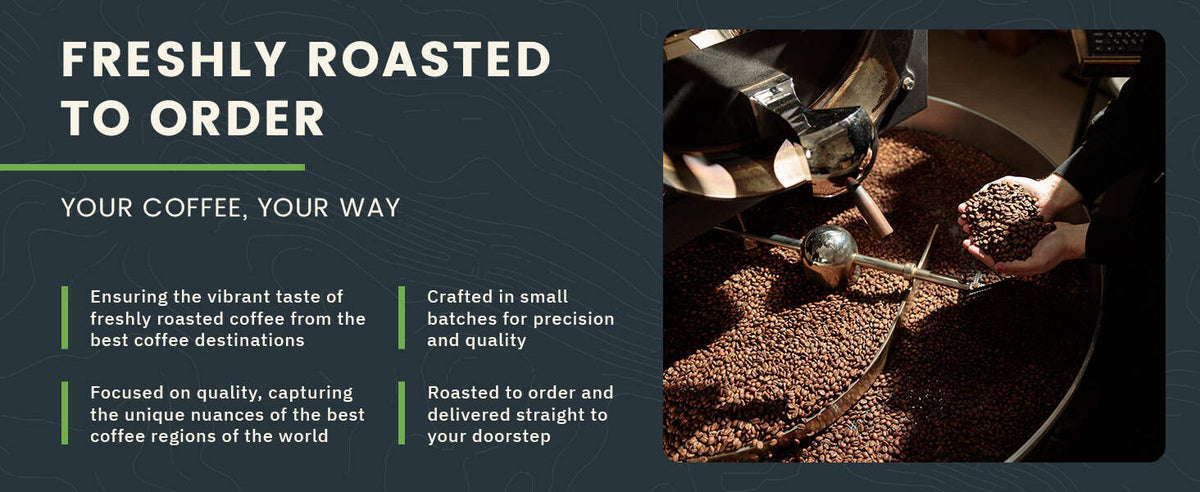 A person holds freshly roasted coffee beans scooped from a roasting machine; text highlights custom, small-batch coffee roasting with delivery and a focus on quality and origin.