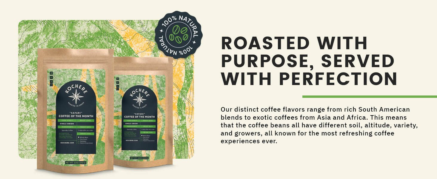 Two bags of Nocherro Coffee of the Month are displayed next to descriptive text highlighting their distinct coffee flavors from various regions, with a "100% natural" badge above them.