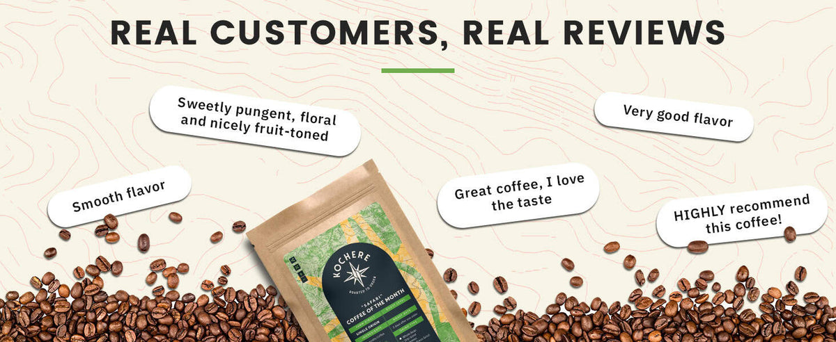 A coffee bag surrounded by coffee beans with positive customer reviews displayed, including comments on flavor and recommendations. Text at the top reads "REAL CUSTOMERS, REAL REVIEWS.