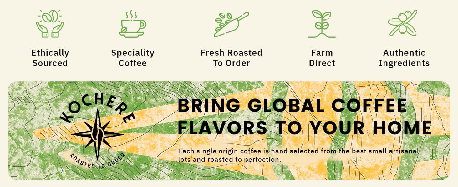 Banner promoting ethically sourced, specialty coffee freshly roasted to order, farm direct, with authentic ingredients. Text: "Bring global coffee flavors to your home.