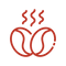 Simple red line drawing of two coffee beans with three wavy lines above them indicating steam, on a light gray background.