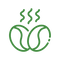 Green outline illustration of two coffee beans with three wavy lines above them representing steam or aroma, on a light gray background.