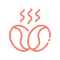 Simple line drawing of two coffee beans with three wavy lines above them representing steam, indicating hot or freshly roasted coffee.