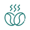 Two stylized coffee beans with three wavy lines above them, representing steam or aroma, on a plain background.