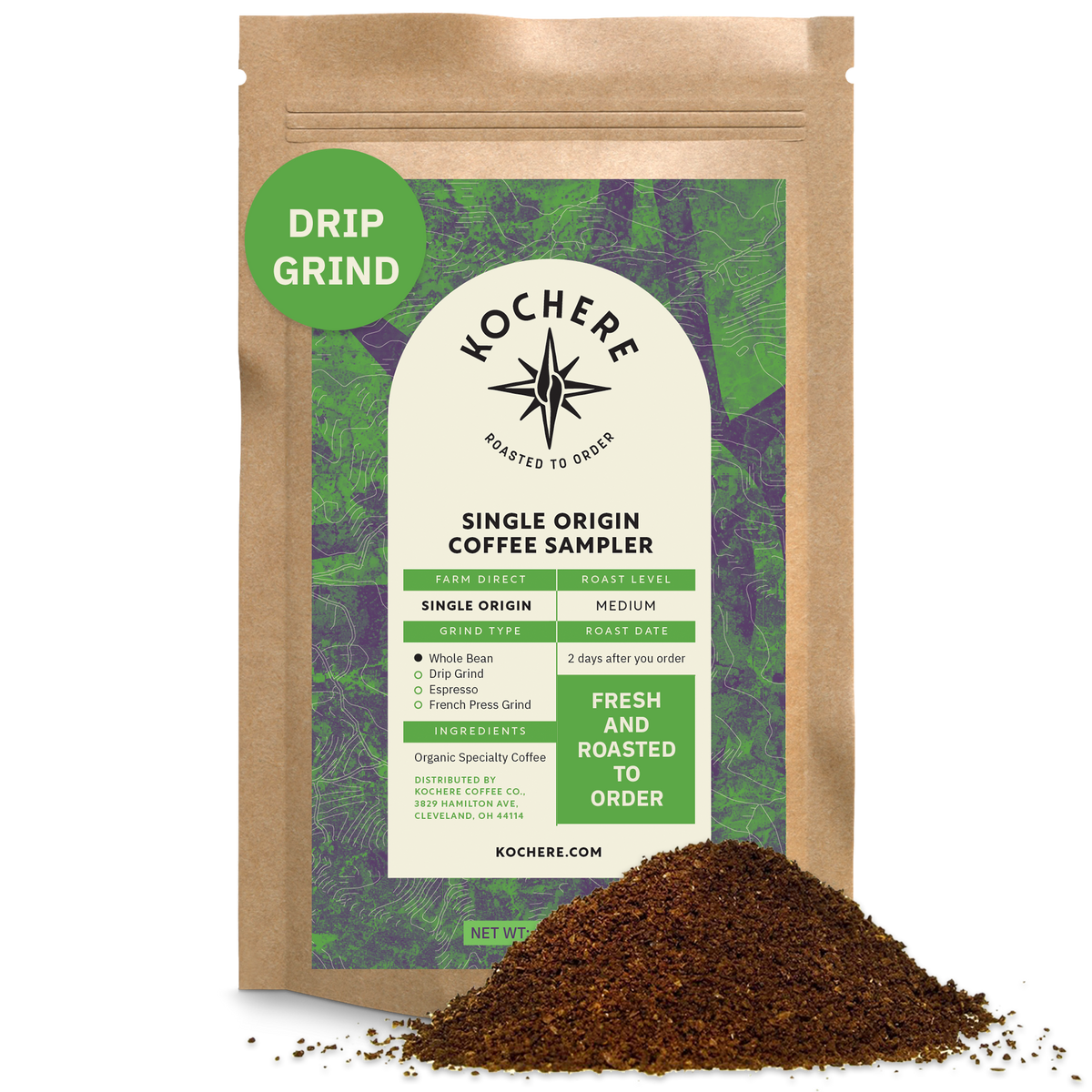 A brown bag labeled "Kochere Coffee Single Origin Coffee Sampler - Roaster's Choice Tasting Kit" by Kochere Coffee Company, with a green "Drip Grind" label and ground coffee in front—ideal for any coffee lover’s sampler pack.
