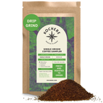 A brown bag labeled "Kochere Coffee Single Origin Coffee Sampler - Roaster's Choice Tasting Kit" by Kochere Coffee Company, with a green "Drip Grind" label and ground coffee in front—ideal for any coffee lover’s sampler pack.