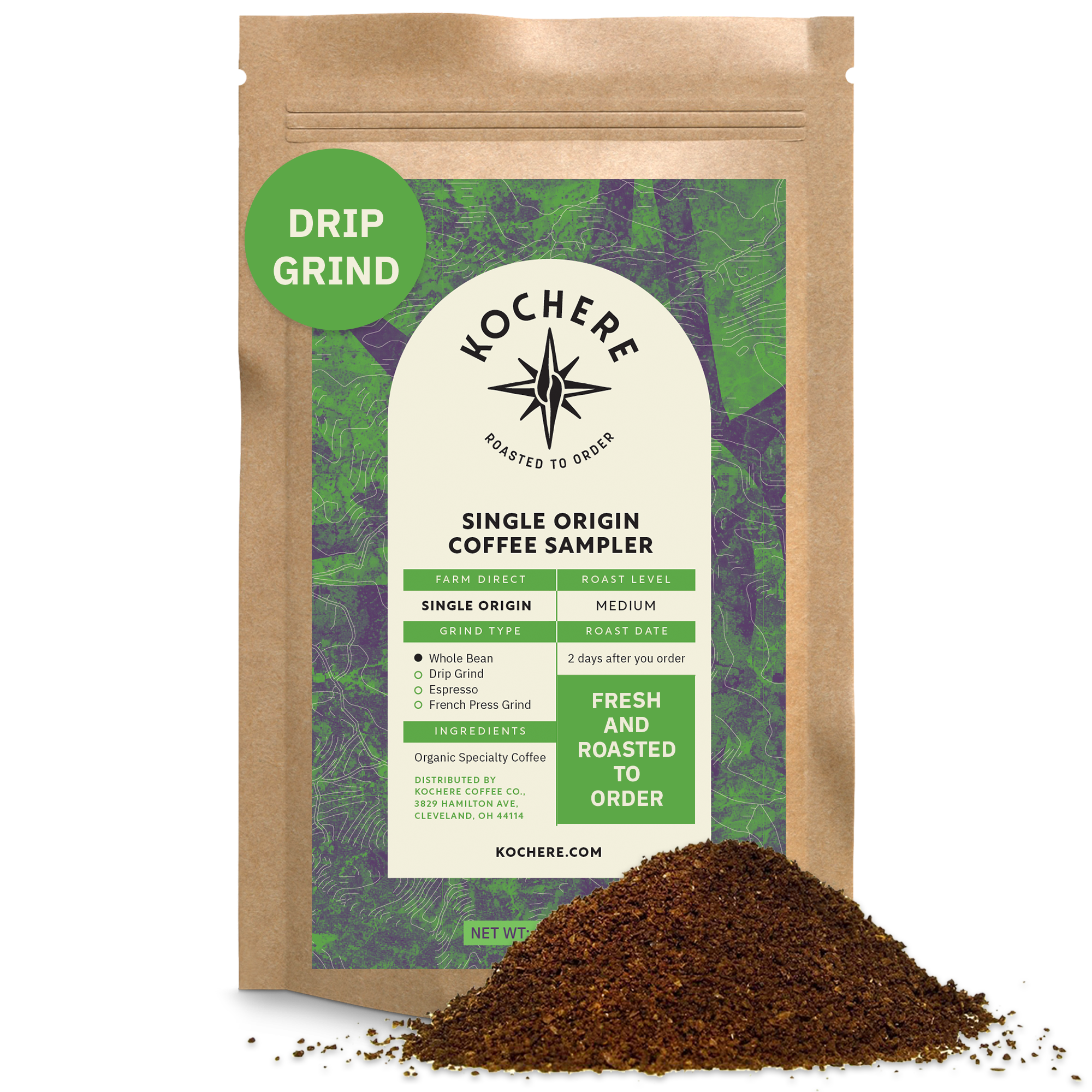 A brown bag labeled "Kochere Coffee Single Origin Coffee Sampler - Roaster's Choice Tasting Kit" by Kochere Coffee Company, with a green "Drip Grind" label and ground coffee in front—ideal for any coffee lover’s sampler pack.