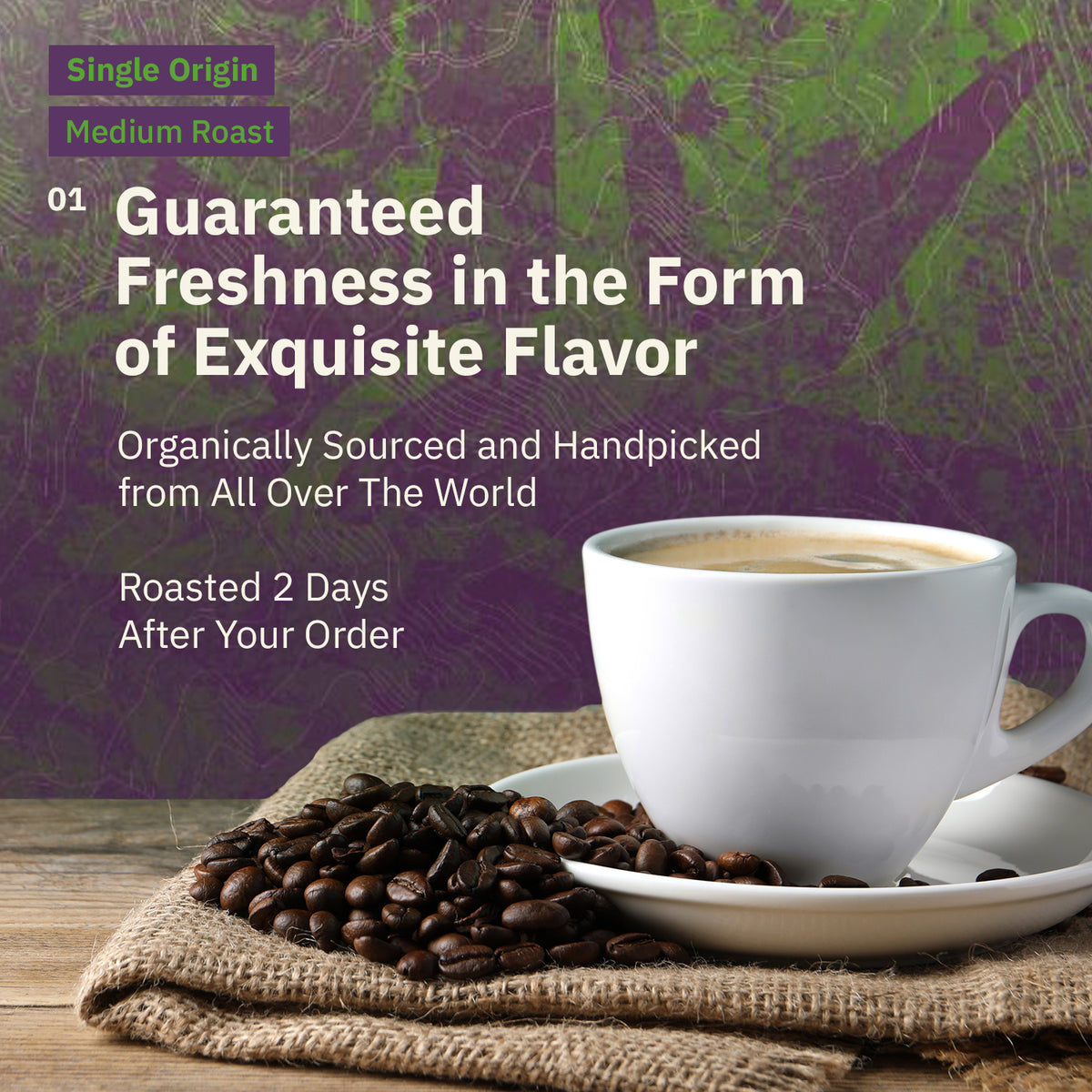 A cup of coffee sits on a saucer surrounded by coffee beans with text promoting single origin, medium roast coffee, and emphasizing freshness and global sourcing.