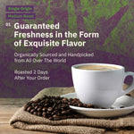 A cup of coffee sits on a saucer surrounded by coffee beans with text promoting single origin, medium roast coffee, and emphasizing freshness and global sourcing.