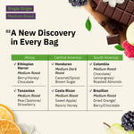 A coffee flavor chart shows single origin medium roast options from Africa, Central America, and South America, each with tasting notes and origin details.