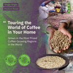 Promotional image for single origin medium roast coffee, featuring text and photos of coffee beans being harvested and processed, with labels for fair trade and farm direct sourcing.