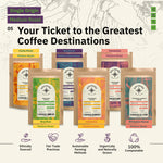 Seven packets of Bocher Coffee single origin medium roast varieties are displayed with labels for Brazil, Colombia, Ethiopia, Costa Rica, Honduras, and Tanzania. Sustainability icons shown below.