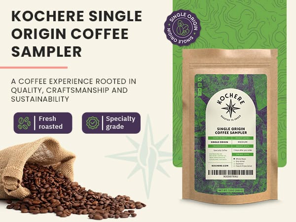 A bag of Kochere Single Origin Coffee Sampler sits on a table next to a burlap sack spilling roasted coffee beans, with text highlighting its quality and sustainability.