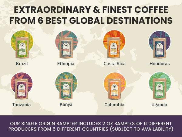 Six coffee sample packs from Brazil, Ethiopia, Costa Rica, Honduras, Tanzania, and Kenya are displayed with colorful maps in the background.