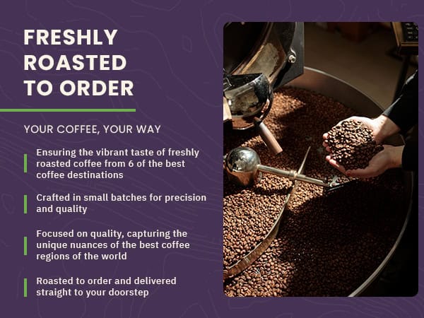 A person collects roasted coffee beans from a large roasting machine, with text highlighting custom coffee roasting and delivery services.