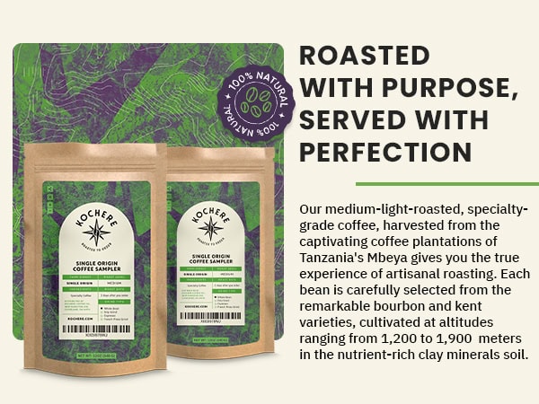 Two bags of Nochera single origin coffee are displayed in front of a green patterned background, alongside text describing the coffee’s origins and a "100% Natural" badge.