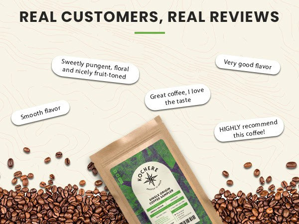 A coffee bag surrounded by coffee beans, with customer reviews praising the flavor and quality of the coffee displayed in text bubbles.