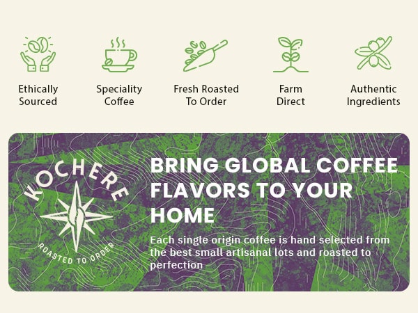 Banner promoting KOCHERE coffee with icons and text highlighting ethical sourcing, specialty coffee, fresh roasting, farm direct, and authentic ingredients; tagline invites global coffee flavors home.