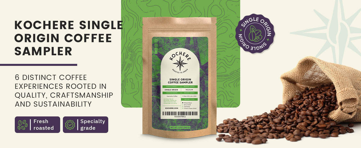 A bag of Kochere Single Origin Coffee Sampler sits on a table next to a burlap sack spilling roasted coffee beans, with text highlighting its quality and sustainability.