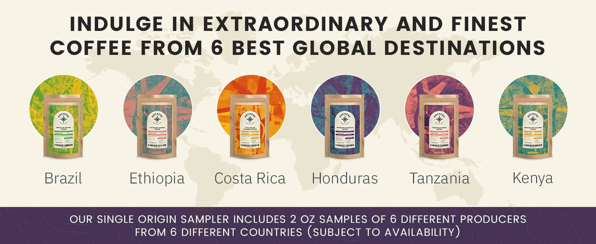Six coffee sample packs from Brazil, Ethiopia, Costa Rica, Honduras, Tanzania, and Kenya are displayed with colorful maps in the background.