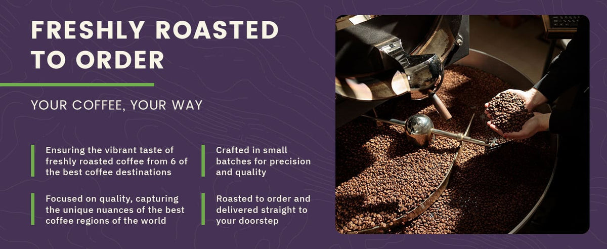 A person collects roasted coffee beans from a large roasting machine, with text highlighting custom coffee roasting and delivery services.