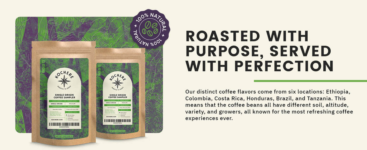 Two bags of Nochera single origin coffee are displayed in front of a green patterned background, alongside text describing the coffee’s origins and a "100% Natural" badge.