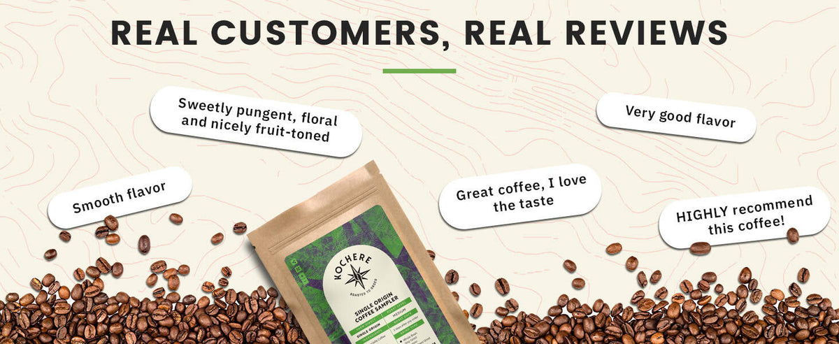 A coffee bag surrounded by coffee beans, with customer reviews praising the flavor and quality of the coffee displayed in text bubbles.