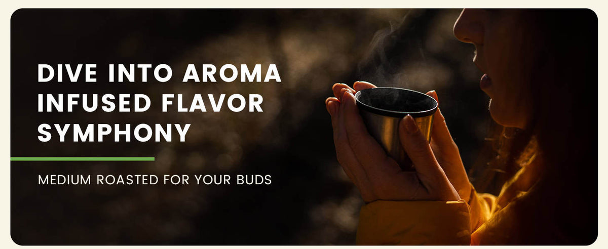 A person in a yellow jacket holds a steaming cup near their face with text promoting medium roasted drinks and aroma-infused flavor.