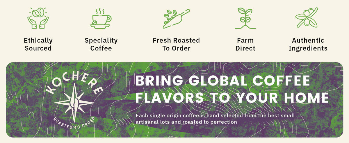 Banner promoting KOCHERE coffee with icons and text highlighting ethical sourcing, specialty coffee, fresh roasting, farm direct, and authentic ingredients; tagline invites global coffee flavors home.