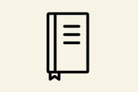 Black outline icon of a closed book with a bookmark and three horizontal lines on the cover, displayed on a light beige background.