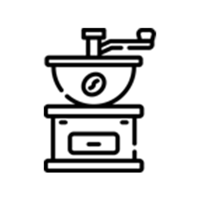Black and white line drawing of a manual coffee grinder with a handle and a coffee bean symbol on the front.