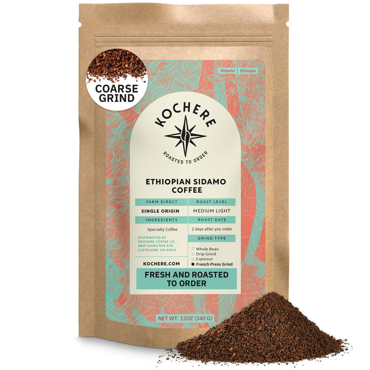 A 12 oz bag of Kochere Coffee Ethiopian Sidamo Natural Medium-Light Roast by Kochere Coffee Company, featuring milk chocolate and fruity notes, sits next to a small pile of fresh ground coffee.[12 oz][coarse grind]