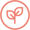 A simple red outline of a plant with two leaves inside a red circle on a light gray background.