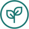 A simple green outline of a plant with two leaves inside a green circle on a white background.