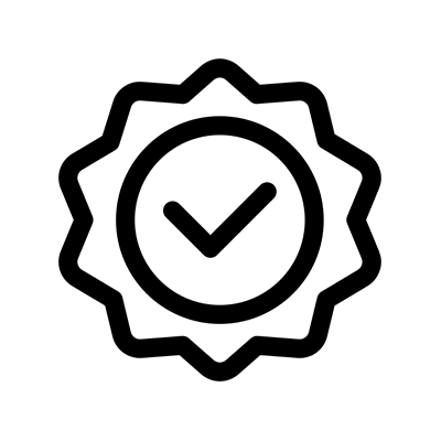 A black outline of a star-shaped badge with a check mark in the center, symbolizing approval or certification.